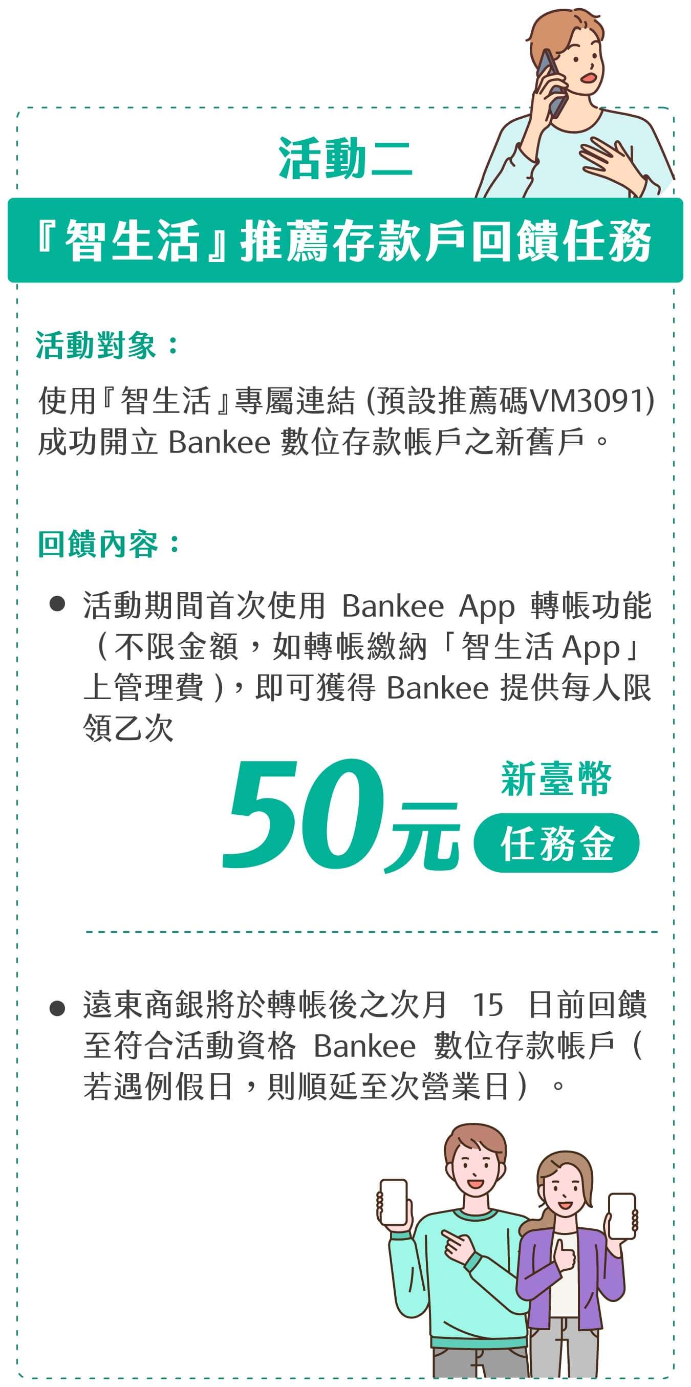 活動二：『智生活』推薦存款戶回饋任務。(1)活動對象：使用『智生活』專屬連結(預設推薦碼VM3091)成功開立Bankee數位存款帳戶之新舊戶。
(2)回饋內容：◆活動期間首次使用Bankee App轉帳功能（不限金額，如轉帳繳納「智生活App」上管理費），即可獲得 Bankee 提供新臺幣 50 元任務金，每人限領乙次。◆遠東商銀將於轉帳後之次月15日前回饋至符合活動資格Bankee數位存款帳戶（若遇例假日，則順延至次營業日）。