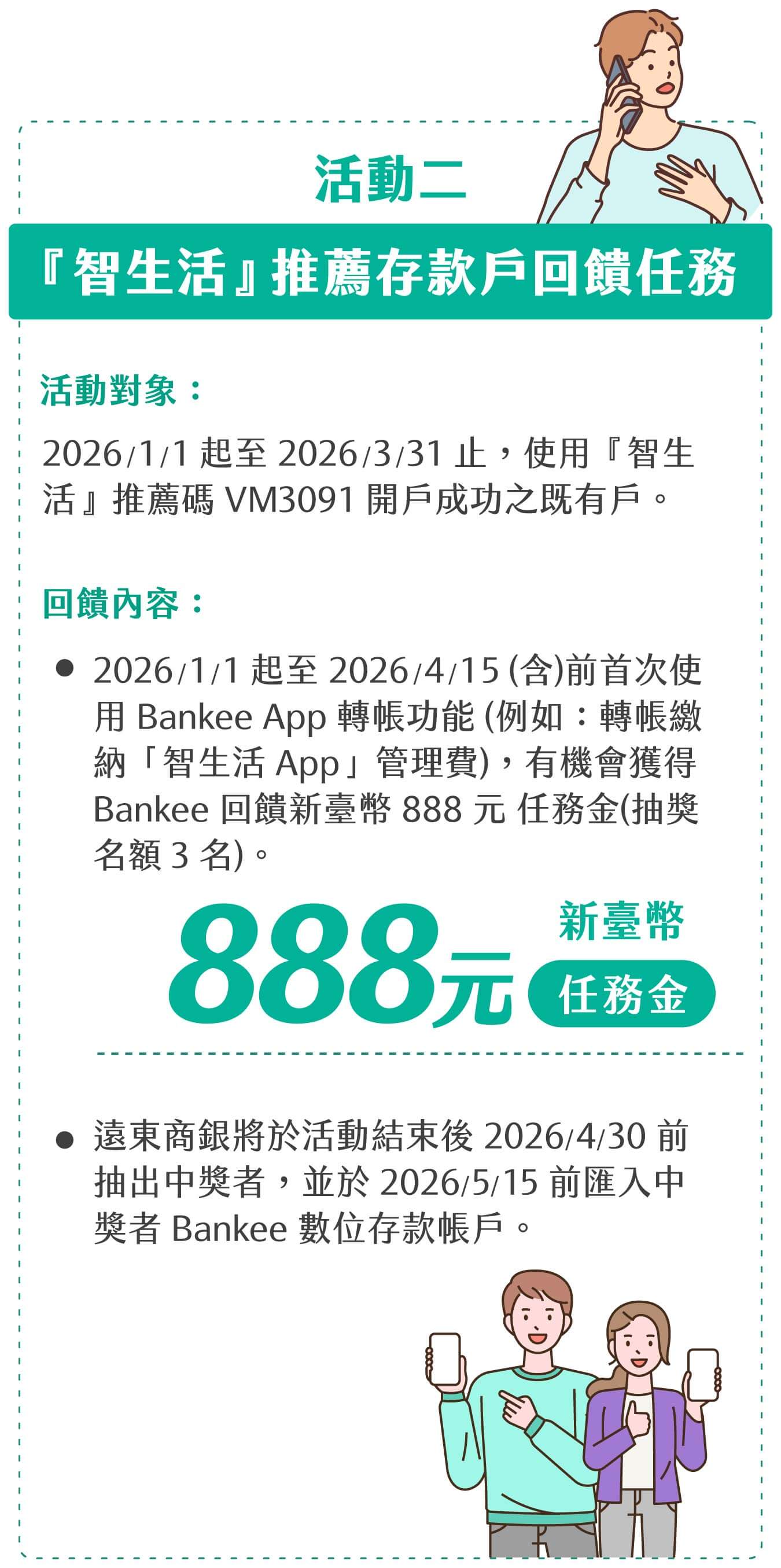 活動二：過年加碼再抽888三名。(1)活動對象：2026/1/1起至2026/3/31止，使用『智生活』推薦碼「VM3091」成功開立 Bankee 數位存款帳戶之客戶。(2)加碼內容：
2026/1/1起至2026/4/15（含）前首次使用 Bankee App 轉帳功能，不限金額（如轉帳繳納「智生活 App」管理費），有機會獲 得Bankee 提供新臺幣 888 元任務金（抽獎名額3名）。(3)遠東商銀將於活動結束後2026/4/30前抽出中獎者，並於2026/5/15前匯入中獎者Bankee數位存款帳戶。