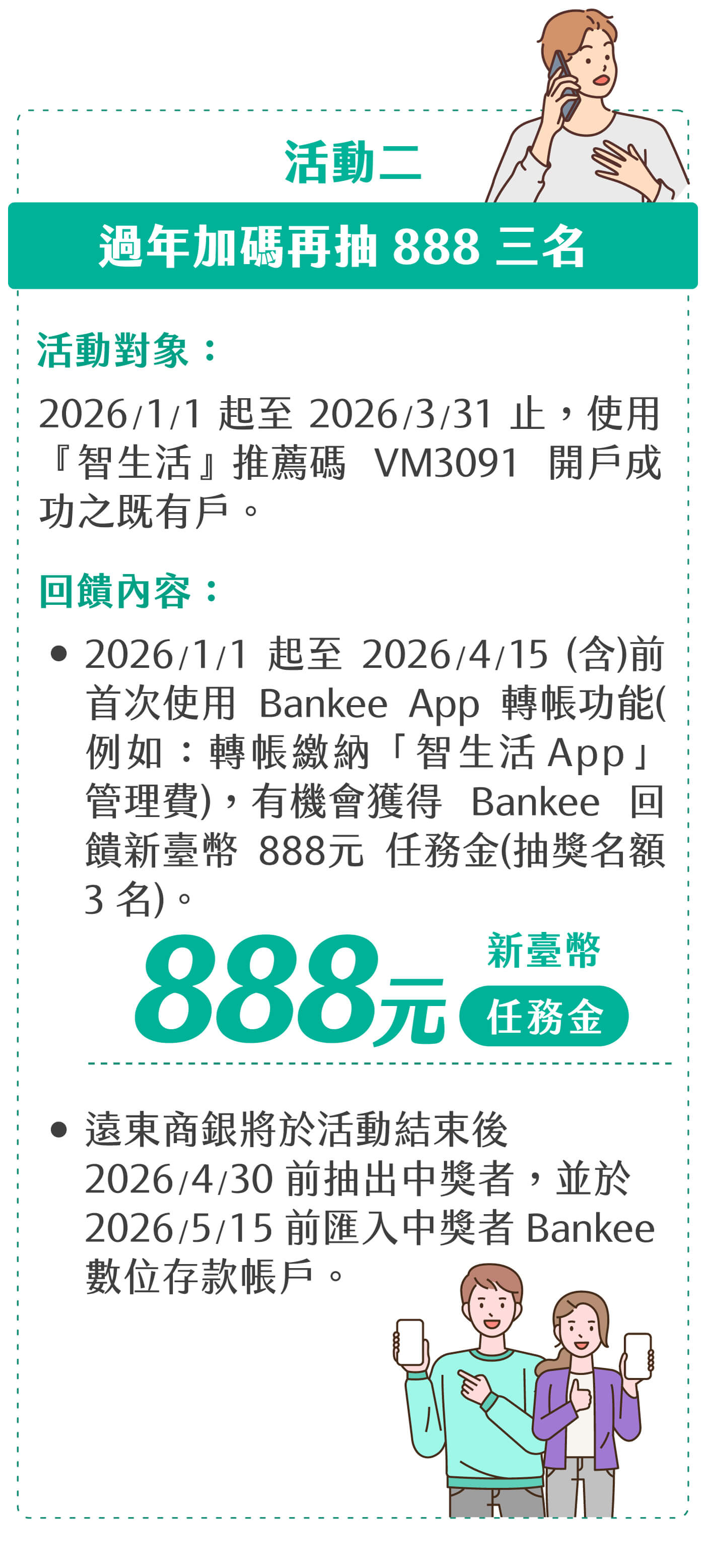 活動二：過年加碼再抽888三名。(1)活動對象：2026/1/1起至2026/3/31止，使用『智生活』推薦碼「VM3091」成功開立 Bankee 數位存款帳戶之客戶。(2)加碼內容：
2026/1/1起至2026/4/15（含）前首次使用 Bankee App 轉帳功能，不限金額（如轉帳繳納「智生活 App」管理費），有機會獲 得Bankee 提供新臺幣 888 元任務金（抽獎名額3名）。(3)遠東商銀將於活動結束後2026/4/30前抽出中獎者，並於2026/5/15前匯入中獎者Bankee數位存款帳戶。