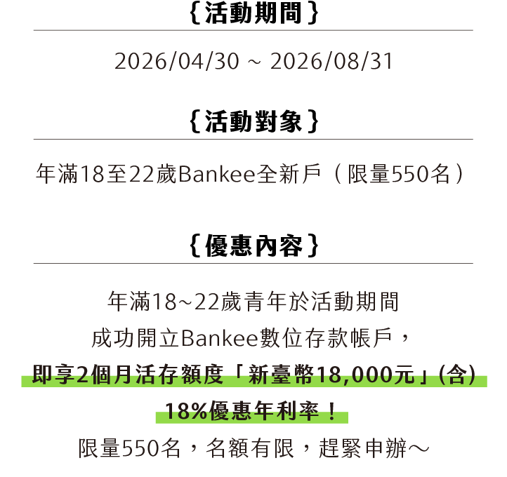 活動對象：年滿18至22歲Bankee全新戶（限量550名）。活動期間：2026年4月30日至2026年8月31日止。優惠內容：(1)活動期間成功開立Bankee數位存款帳戶之次月21日起，即享2個月活期存款額度新臺幣18,000元(含)18%優惠年利率18%（基本年利率1.435%，活動加碼16.565%，合計上限18%）。
(2)活動名額：前550名。A.活動名額以「開戶申請進件時間」依序認定；活動名額提前達530名或額滿時，遠東商銀將公告於Bankee官方網站「最新訊息」或活動網頁。※提醒您：遠東商銀公告時間不等於活動額滿時間，實際額滿時間仍以遠東商銀系統紀錄為主。B.名額額滿後仍享有基本年利率1.435%（額度無上限），並依進件通路或開戶時輸入優惠碼擇優提供優惠存款額度。