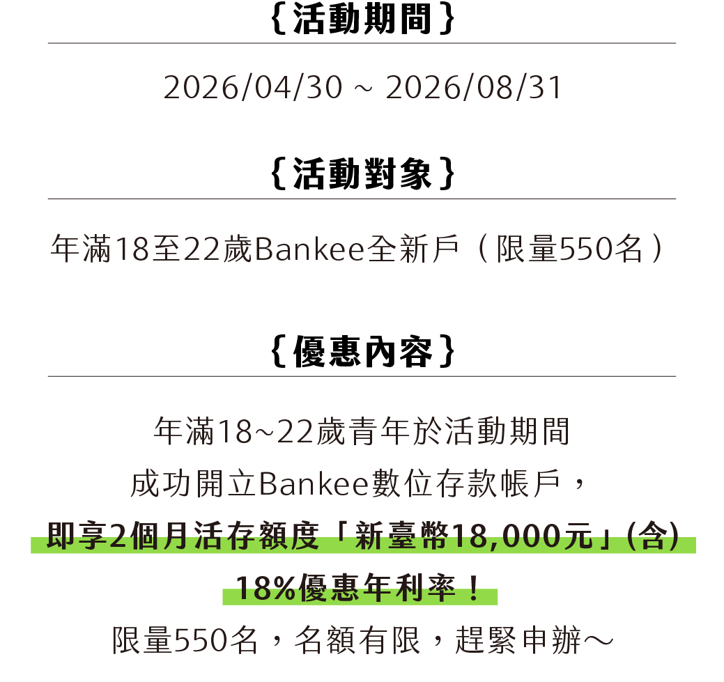 活動對象：年滿18至22歲Bankee全新戶（限量550名）。活動期間：2026年4月30日至2026年8月31日止。優惠內容：(1)活動期間成功開立Bankee數位存款帳戶之次月21日起，即享2個月活期存款額度新臺幣18,000元(含)18%優惠年利率18%（基本年利率1.435%，活動加碼16.565%，合計上限18%）。
(2)活動名額：前550名。A.活動名額以「開戶申請進件時間」依序認定；活動名額提前達530名或額滿時，遠東商銀將公告於Bankee官方網站「最新訊息」或活動網頁。※提醒您：遠東商銀公告時間不等於活動額滿時間，實際額滿時間仍以遠東商銀系統紀錄為主。B.名額額滿後仍享有基本年利率1.435%（額度無上限），並依進件通路或開戶時輸入優惠碼擇優提供優惠存款額度。