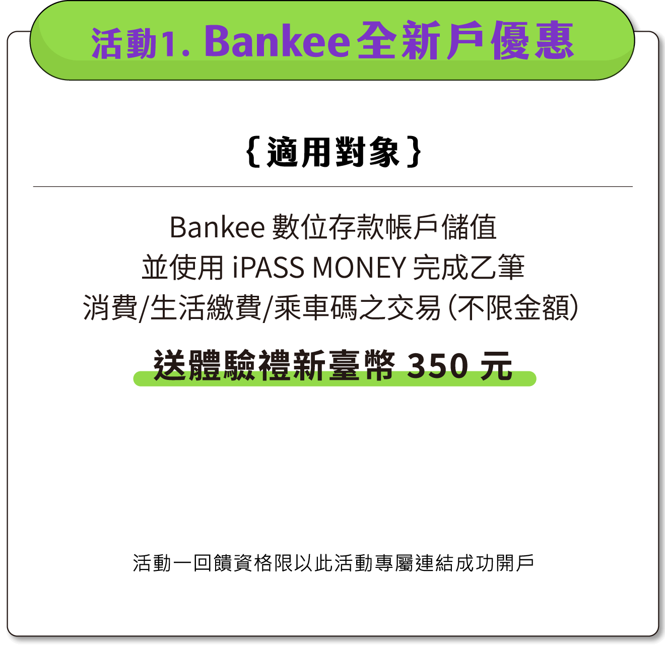 活動一：Bankee全新戶於「iPASS MONEY」儲值並完成消費/生活繳費/乘車碼之交易，即送體驗禮新臺幣 350 元