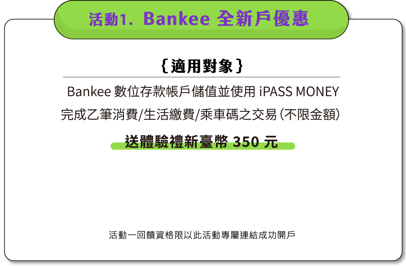 活動一：Bankee全新戶於「iPASS MONEY」儲值並完成消費/生活繳費/乘車碼之交易，即送體驗禮新臺幣 350 元