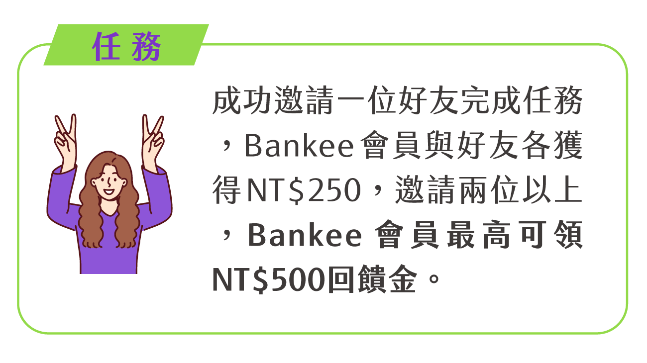 成功邀請兩位以上好友完成上述任務，Bankee 會員最高可領 NT$500 回饋金。